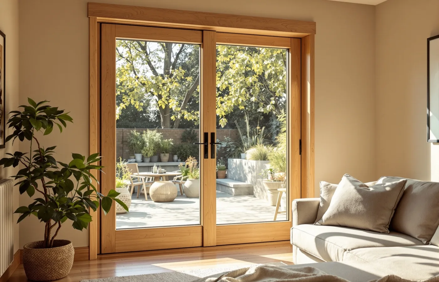 Porte coulissante en bois ouverte sur une terrasse à Liège
