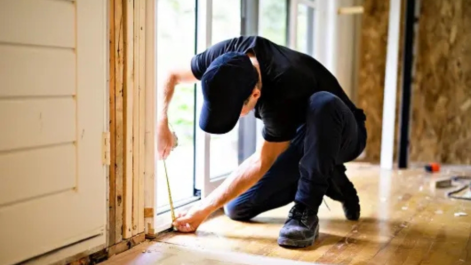 echnician providing sliding glass door repair service in Texas home to fix misaligned patio door.